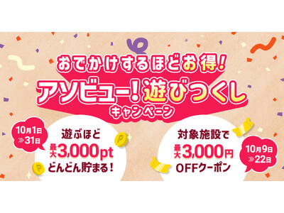 アソビュー！、大好評の「遊びつくしキャンペーン」を8月・9月に続き10月も開催。最大16,500円分相当がお得に。
