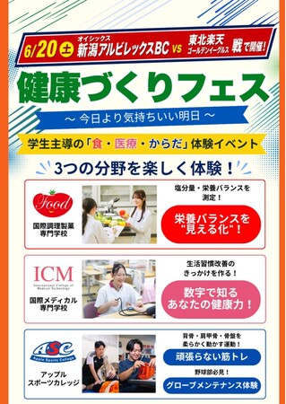 【オイシックス新潟】6/20(土)楽天戦にて「健康づくりフェス」開催！国際調理製菓専門学校・国際メディカル専門学校・アップルスポーツカレッジと連携し健康を学ぶ企画を実施