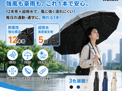 【期間限定75%OFF】梅雨の豪雨・強風でも濡れにくい、12本骨・逆折り・自動開閉の折りたたみ傘