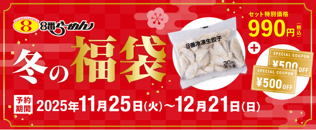 【８番らーめん初の“福袋”登場！】８番冷凍生餃子30個（990円）と1,000円分クーポンがお得なセットとして990円で発売