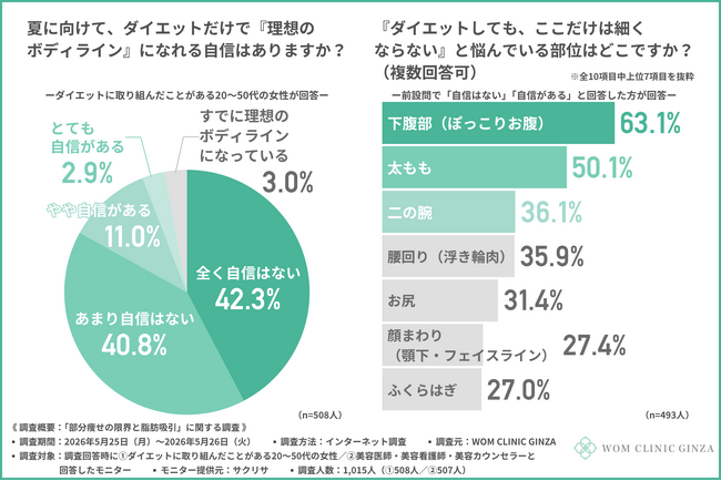 ダイエット経験女性の8割以上がダイエットだけで『理想のボディライン』になれる自信なし…特定の部位だけ痩せない「ぽっこりお腹」の悩みに脂肪吸引は向いている?