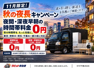 夜の時間帯を、もっと気軽に。ラビット救急便、11月限定で夜間・深夜早朝の時間帯料金を0円にする「秋の夜長キャンペーン」を実施