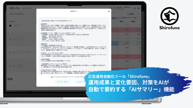 Web広告運用成果の変動要因と対応策の要約をAIで生成｜Shirofuneの変化分析レポートに「AIサマリー」機能
