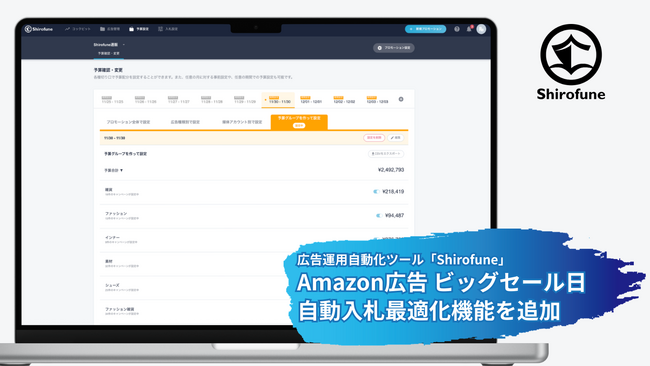 広告運用自動化ツール「Shirofune」にAmazon広告 ビッグセール日 自動入札最適化機能を追加｜セール中のリアルタイムの成果を基に、入札を時間帯ごとに自動で最適化