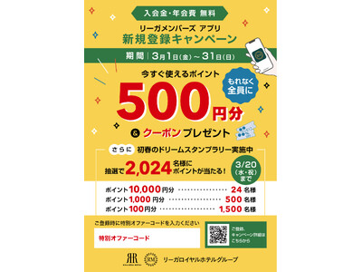 「リーガメンバーズ」 アプリ新規登録キャンペーンで春旅やお祝いをお得に！もれなく全員、今すぐ使えるポイン...