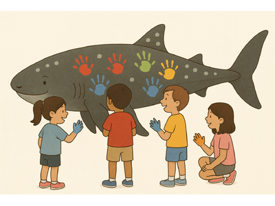 【姫路】地元の子供たちに「ものづくり」の楽しさを感じて欲しい！　自社で設計・製造した「鉄のジンベイザメ」のオブジェを地元の小学校に寄贈。全校生徒が色とりどりに手形をつけて完成させ、校内に常設されます！