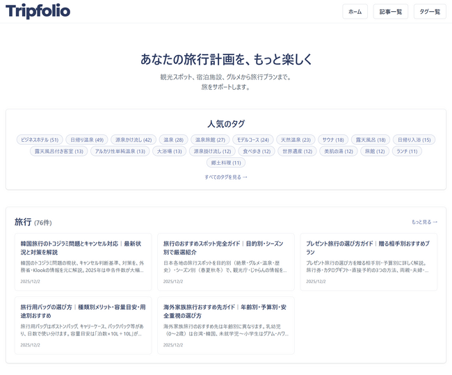 旅行の「いくら・どう回る?」が一目でわかる実務情報に特化した旅行メディア『Tripfolio』を公開