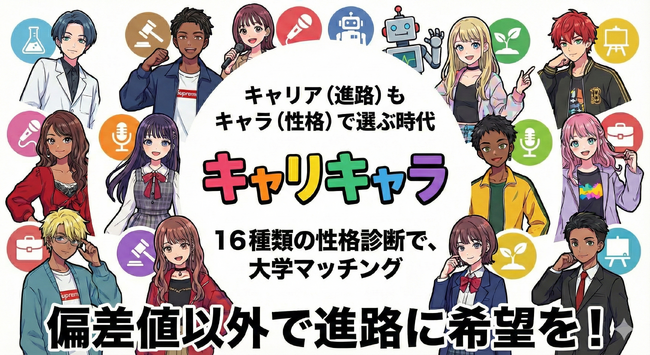 【MBTI好きの高校生必見】性格タイプで「運命の大学」がわかる診断アプリ『キャリキャラ』リリース!偏差値重視の進路指導に学生起業家が挑む