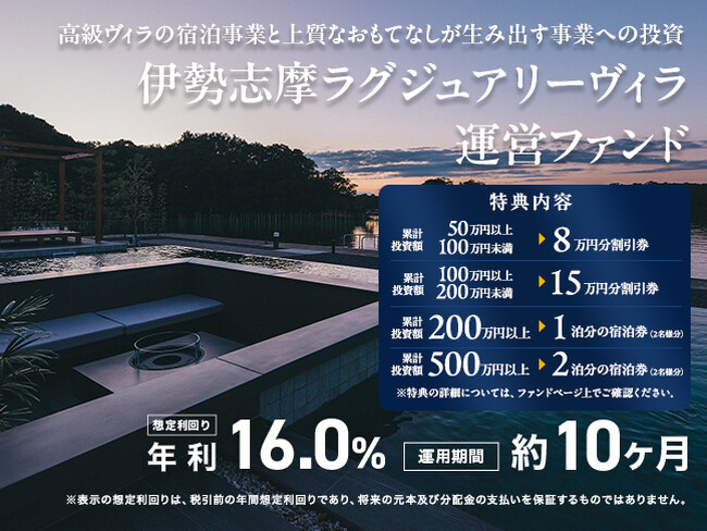 【想定利回り年利16％ / 運用期間 約10ヶ月】伊勢志摩ラグジュアリーヴィラ運営ファンドを7/4(土)より募集