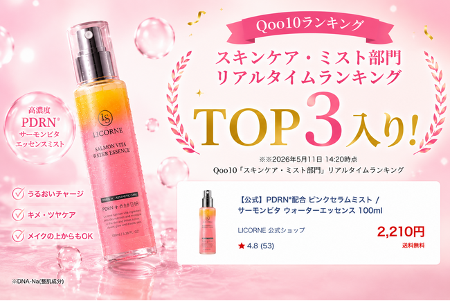【Qoo10ランキングTOP３入り※】「サーモンDNA」で話題。韓国発スキンケア「LICORNE（リコム）」、韓国で大ヒットのミストが日本上陸。豪華現品が当たる「SNSプレゼントキャンペーン」を開催！