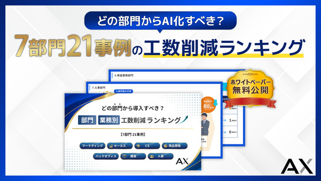 どの部門からAI化すべき?部門・業務別 工数削減ランキング【7部門21事例】株式会社AX、ホワイトペーパーを無料公開