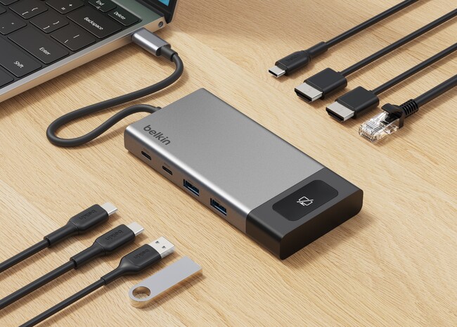 【Belkin】ワンタッチで画面を隠せる「プライバシーボタン」搭載 、デュアル4K 60Hz対応8-in-1ドッグ　Belkin Connect 8ポート デュアルディスプレイ対応 USB-C ハブ