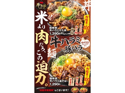 冬イベントに向けたすたみな新商品！希少部位「牛ハラミ」を豪快に食らえる焼肉丼＆油そば！12/1(月)～全国の伝説のすた丼屋で『極味焼 牛ハラミすた丼』と『極味焼 牛ハラミ油そば』を発売！