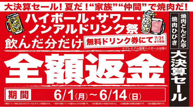 【焼肉どんどん亭】大決算セール！ハイボールやサワー等のドリンク代を無料引換券で還元する「全額返金」キャンペーンを2026年6月1日（月）より開催。