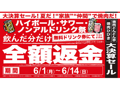 【焼肉どんどん亭】大決算セール！ハイボールやサワー等のドリンク代を無料引換券で還元する「全額返金」キャンペーンを2026年6月1日（月）より開催。