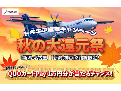 トキエア【秋の大還元祭】スタート！新潟空港＝中部国際空港（セントレア）or 新潟空港＝神戸空港いずれかの搭乗者を対象に、QUOカードPay１万円分が抽選で合計150名に当たります！