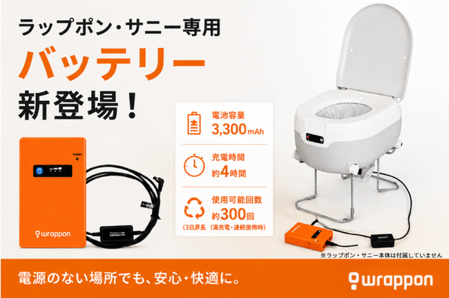 コンセントが不要に！ポータブルトイレ「ラップポン・サニー」専用バッテリー発売防災・アウトドア用品ECサイト「アウトドア119」で販売開始発売を記念した特価セールも同時開催
