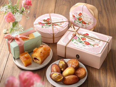 【焼き菓子専門店〈ビスキュイテリエ ブルトンヌ〉】の母の日ギフト。チューリップモチーフが華やかなギフトや、フルーティなケーク、焼き菓子などを販売します
