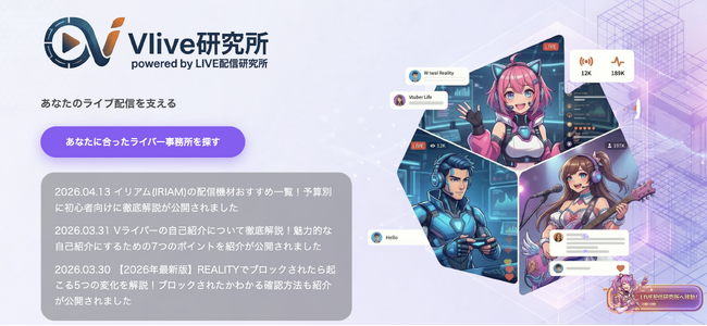 NextHiveMedia合同会社がバーチャル配信領域の専門メディア「Vライブ研究所」を開設