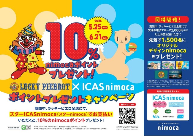 【ラッキーピエロ 交通系IC決済導入記念】ラッキーピエロ×ICAS nimoca nimocaポイント＆オリジナルnimocaプレゼントキャンペーン