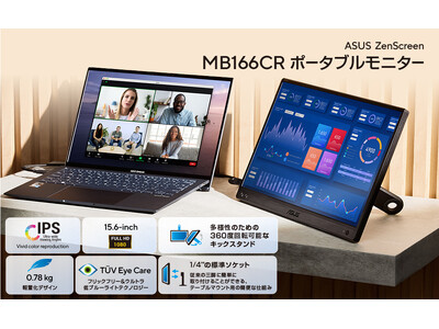 15.6型、フルHD、USB Type-Cコネクター、取り外し可能なキックスタンド付き、ノングレアIPSディスプレイ採用のポータブルモニター「ZenScreen MB166CR」を法人・文教向けに発表