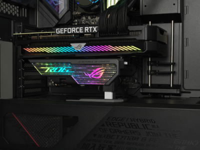 ASUSのゲーミングブランドRepublic Of Gamersより工具不要、Aura Sync対応のグラフィックスカードホルダーROG HERCULX GRAPHICS CARD HOLDERを発表