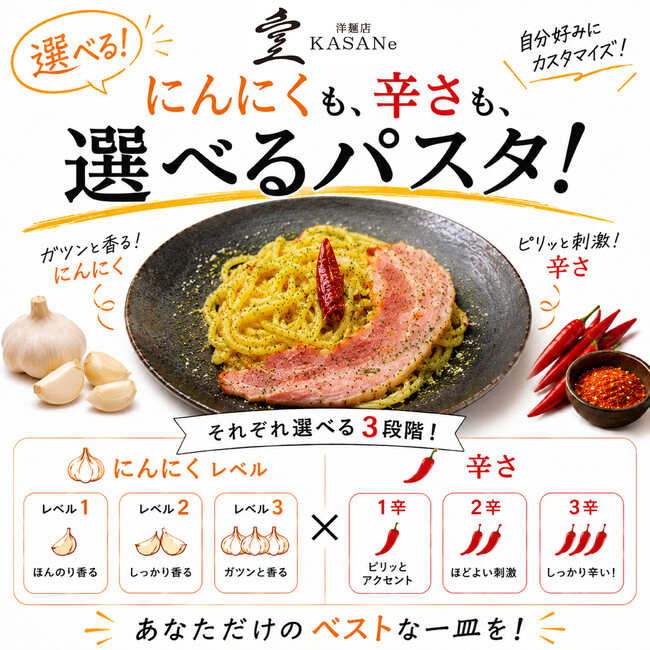 【業界の新常識？】パスタにも“自分好み”を。神戸の生パスタ専門店 洋麺店 KASANe、辛さ・ニンニク量を選べる新たなカスタマイズサービスを開始
