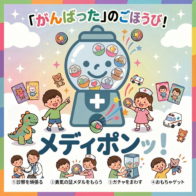 【病院の費用負担ゼロ】子どもの泣き声をワクワクに変える地域創生ガチャ「メディポンッ!」が医療機関向け導入開始!「病院で泣かない!」を引き出す魔法のガチャ|地域企業とつくる「三方よし」の通院体験