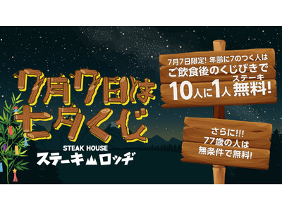 年齢に7がつく方はチャンス！7月7日（火）『肉と炒め野菜 ステーキロッヂ 秋葉原電気街口店』で10人に1人が無料になるくじ引きを実施。77歳は無条件で無料に！