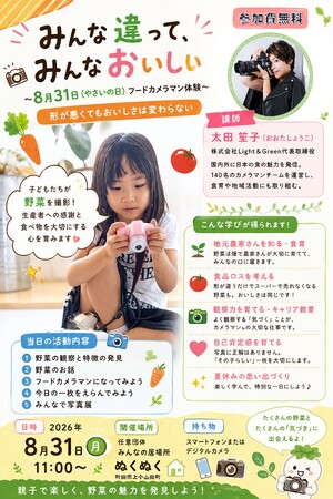 今年の夏休みの思い出に。子どもたちが規格外野菜を撮影する食育撮影会。捨てられるはずの野菜が主役に。8月31日“やさいの日”に町田でフードカメラマン体験