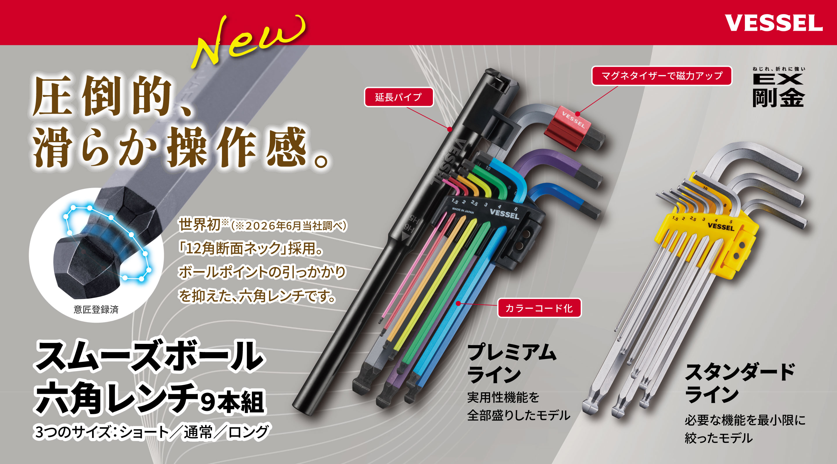 【世界初※】六角レンチのボールポイント部に「12角断面ネック」を採用　斜めでも滑らかに回せる「スムーズボール六角レンチ」を発売