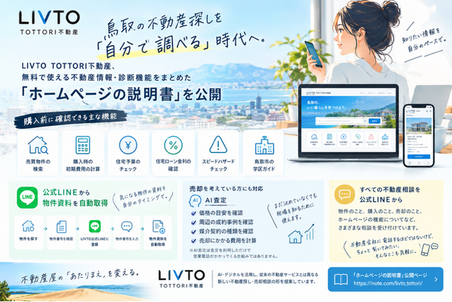 鳥取の不動産探しを「自分で調べる」時代へ。LIVTO TOTTORI不動産、無料で使える不動産情報・診断機能をまとめた「ホームページの説明書」を公開