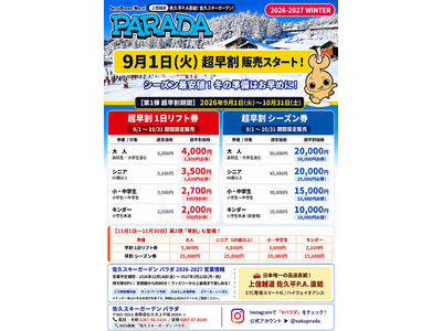 【佐久スキーガーデン パラダ】2026-2027冬シーズン券＆1日リフト券「超早割」が9月1日(火)より...