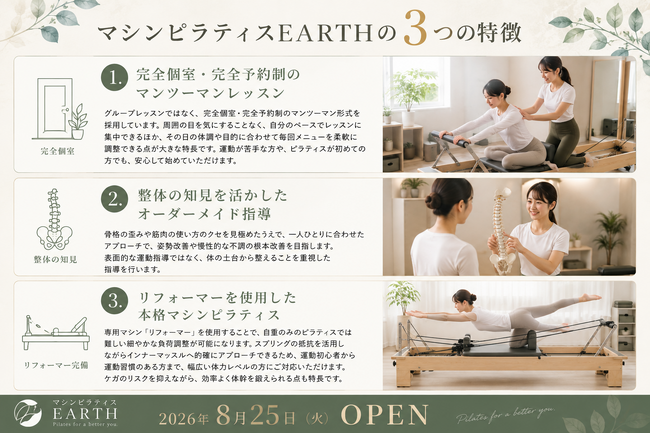 【南大阪最安値級・月4回17,600円】整体の知見を活かした完全個室マンツーマンのマシンピラティス専門店「EARTH」が大阪・堺市北区に8月25日オープン