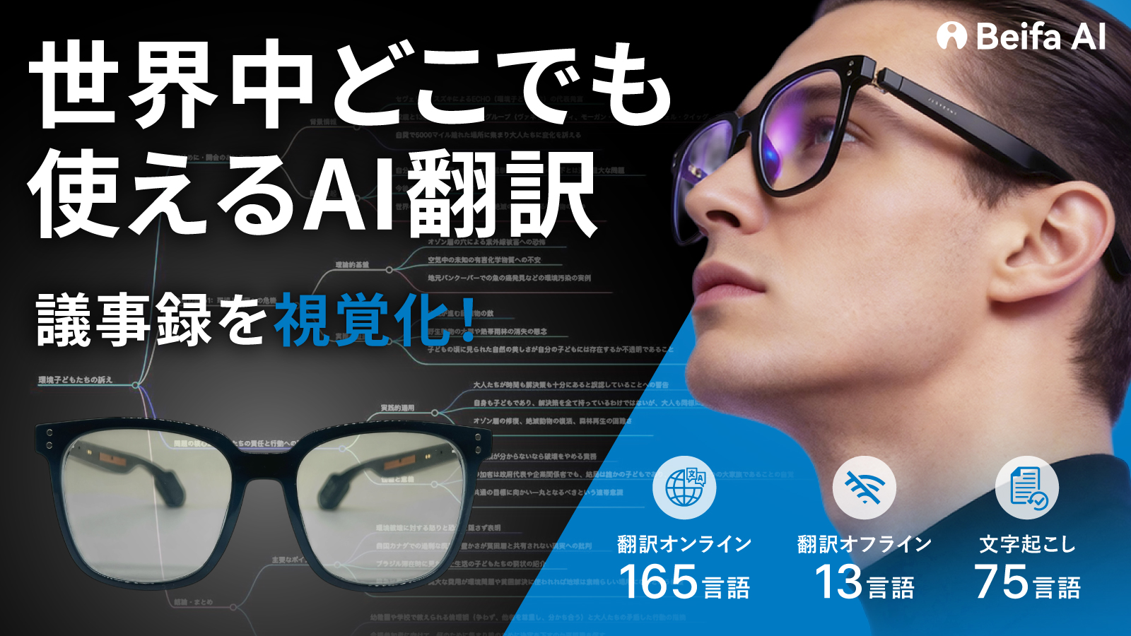 圏外でも13言語をリアルタイム翻訳。日本初上陸『Beifa AIスマートグラス GE01-3』、8月24日よりMakuakeで先行販売。