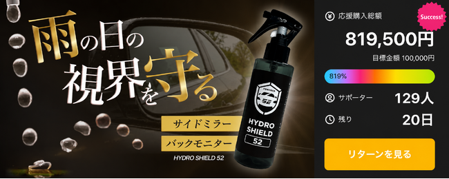 Makuakeで目標金額800％達成！雨の日の視界を守るサイドミラー専用撥水コーティング剤「HYDRO SHIELD 52」