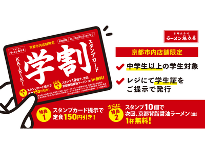 【ラーメン魁力屋】学生の街・京都で学生応援！定食がいつでも150円引き＆10個貯めるとラーメン1杯無料の「KAIRIKI学割スタンプカード」2026年10月1日(木)開始！