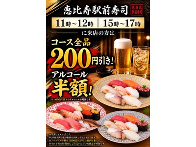 恵比寿駅前寿司、時間帯限定で「寿司コース全品200円引き＆対象アルコール半額」キャンペーンを開催！