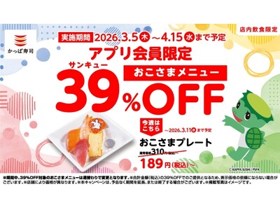 春休みシーズンを応援！公式アプリ会員限定・週替わりクーポンで対象のおこさまメニューが３９（サンキュー）％...