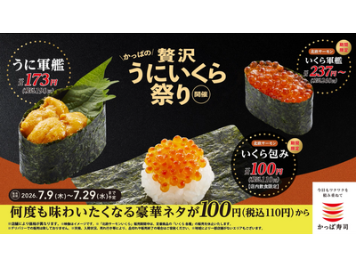 かっぱ寿司に初登場！「“北欧サーモンいくら”包み」が110円！『うに軍艦』は190円！ 豪華ネタをお得に楽しむ「かっぱの贅沢うにいくら祭り」開催