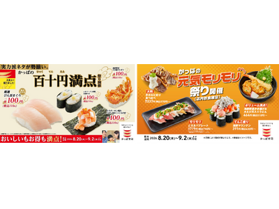 １１０円ネタも、ボリュームメニューも！『厳選びん長まぐろ』など、お得ネタが大集合「かっぱの百十円満点祭り」開催！さらに大判「牛カルビ炙り」など、夏を元気に乗り切る、「かっぱの元気モリモリ祭り」同時開催
