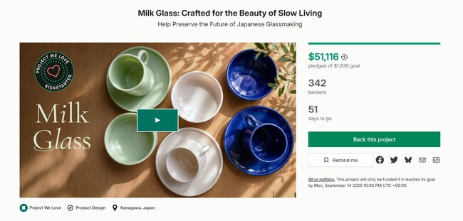 「山形・鶴岡市の老舗ガラス工場の承継を実現したディバージョンG、Kickstarterで24時間で＄20,000を調達し、『Project We Love』に認定」