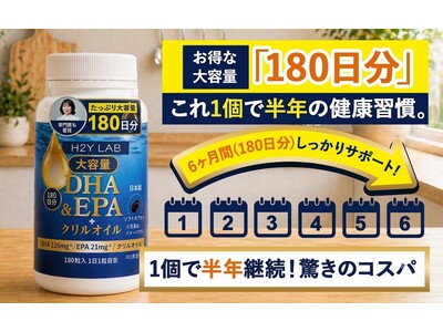 【専門医も着目】吸収率が違う「次世代オメガ3：クリルオイル」配合DHA&EPAサプリメントを大容量180日分で。H2Y LABより新発売