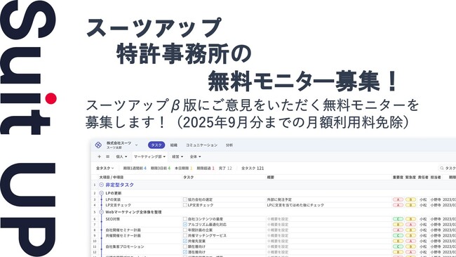 チームのタスク管理・プロジェクト管理ツール「スーツアップ」、特許事務所の無料モニター募集