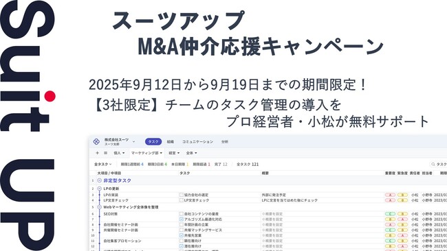 チームのタスク管理・プロジェクト管理ツール「スーツアップ」、M&A仲介応援キャンペーン