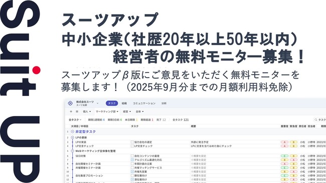 チームのタスク管理・プロジェクト管理ツール「スーツアップ」、中小企業（社歴20年以上50年以内）経営者の無料モニター募集