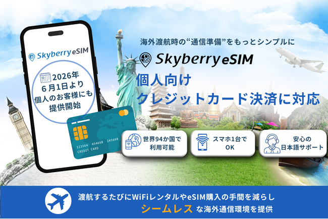 海外渡航時の“通信準備”をもっとシンプルに 「スカイベリー eSIM(R)」個人向けクレジットカード決済に対応