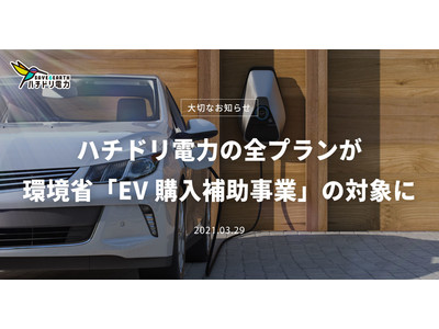 ハチドリ電力の全プランが、環境省「EV購入補助事業」の対象に　～ハチドリ電力契約により最大80万円の補助金支給～