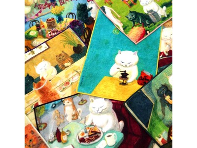 猫や動物の姿をモチーフに、いつもの暮らしを描く。画家 カマノレイコ作品の今治タオルハンカチ「ねこの暮らし」シリーズがヘミングスより発売開始。