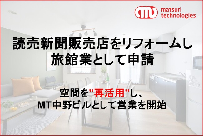 読売新聞販売店をコンバージョンし、リフォーム実施のうえ、旅館業を取得。空間を再活用し、『MT 中野ビル』として営業を開始